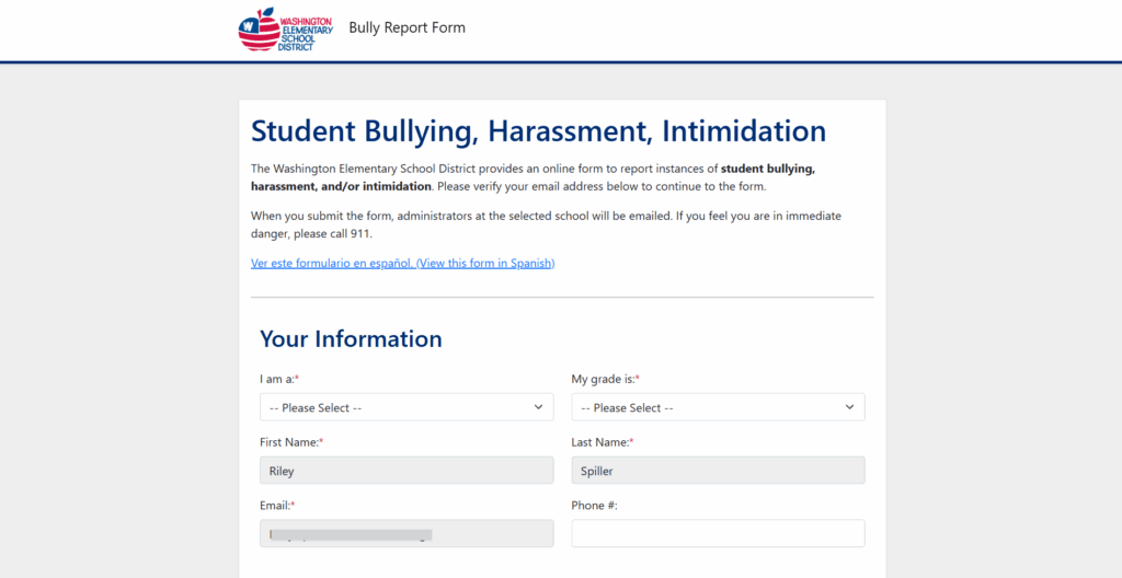 Screenshot of the WESD Bully Report Form depicts a web form for reporting bullying incidents.