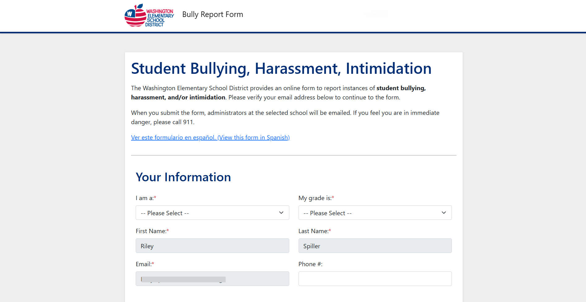 Screenshot of the WESD Bully Report Form depicts a web form for reporting bullying incidents.