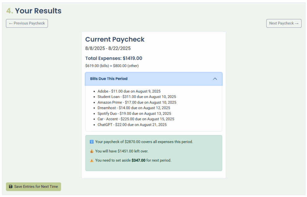 Screenshot of the PlanMyPaycheck app depicting a simple budget breakdown for a 2-week pay period.