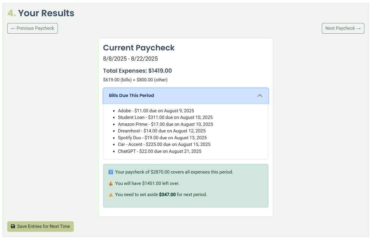 Screenshot of the PlanMyPaycheck app depicting a simple budget breakdown for a 2-week pay period.