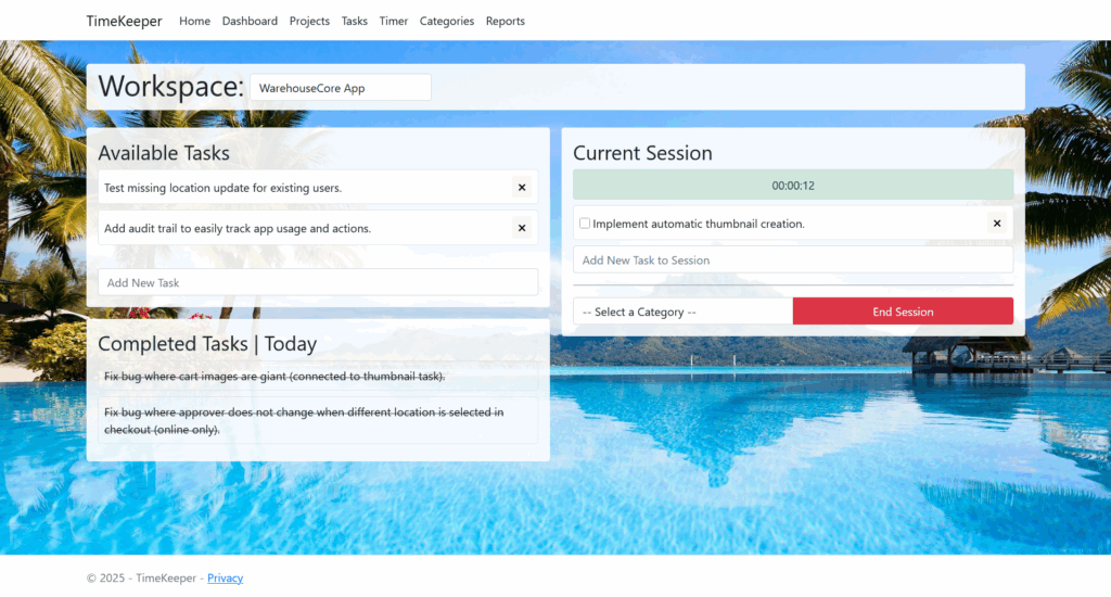 Screenshot of the Timekeeper app shows a nicely formatted To-Do list with time recording capabilities.