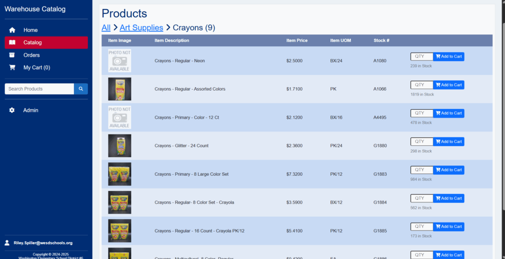 Screenshot of the Warehouse Ordering App depicting a large product catalog with cart functionality.